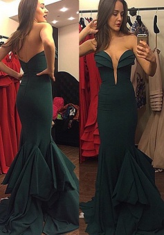 Mermaid Sweetheart Sweep Train Dark Green Prom Dress with Ruffles