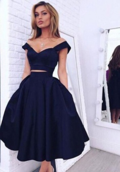 Two Piece Off-the-shoulder Mid-Calf Dark Navy Taffeta Prom Homecoming Dress