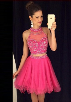 Two Piece A-line Halter Knee-Length Tulle Beaded Pink Prom Homecoming Dress