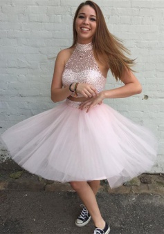 Two Piece A-line High Neck Above-knee Tulle Beaded Pink Prom Homecoming Dress