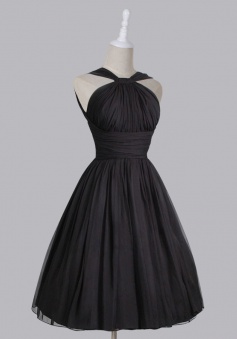 Vintage A-line Straps Knee-Length Chiffon Sash Backless Black Party Homecoming Dress