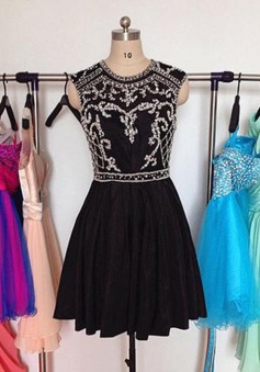 A-line Jewel Above-knee Taffeta Backless Black Short Homecoming Dress with Beading