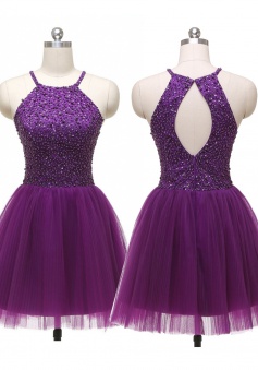 Sexy A-line Halter Short Tulle Backless Purple Prom Homecoming Dress with Rhinestones