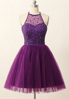 A-line Halter Knee-Length Tulle Backless Purple Prom Homecoming Dress with Rhinestones