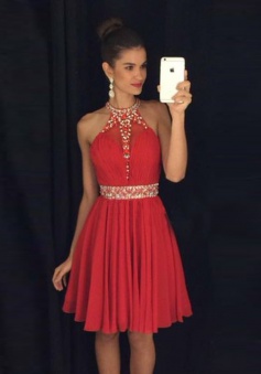 A-line Halter Knee-Length Chiffon Beaded Backless Red Prom Homecoming Dress