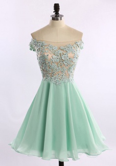 A-line Off-the-shoulder Short Chiffon Beaded Mint Prom Homecoming Dress with Appliques