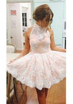 A-Line High Neck Knee-Length Pink Tulle Homecoming Prom Dress with Appliques