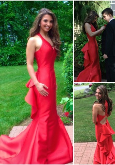 Glamorous Mermaid Court Train V-neck Red Prom Dress with Cascading Ruffles