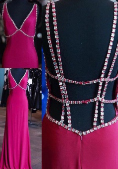 Sexy Sheath V-neck Sweep Train Fuchsia Prom/Evening Dress with Rhinestones