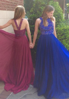 Elegant Jewel Sweep Train Royal Blue Prom Dress with Beading