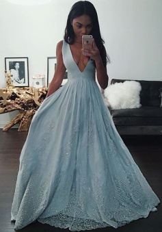 A-Line Deep V-neck Light Blue Prom Dress with Appliques Beading