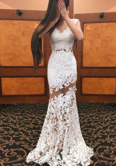 Sheath Bateau Cap Sleeves Sweep Train White Lace Prom Dress with Appliques