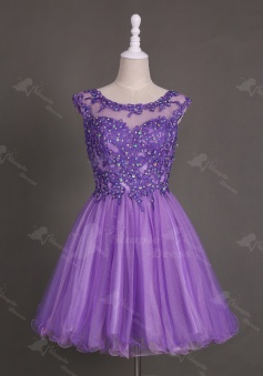 Nectarean Bateau Neck Short Purple Homecoming Dress with Appliques Beaded Open Back