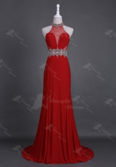 Stunning High Neck Sweep Train Open Back Red Homecoming Prom Dress Beading Rhinestones