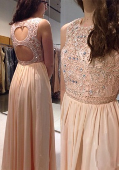 A-Line Bateau Keyhole Back Pink Prom Dress with Beading