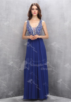 Elegant V-neck Floor-Length Navy Blue Homecoming Prom Dress with Beading