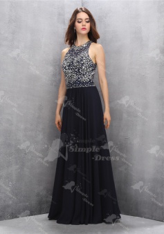 Delicate Jewel Sleeveless Long Black Homecoming Dress with Beading Key Hole Back