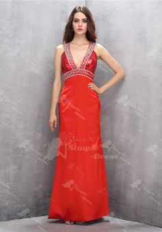 Sparkle Deep V-neck Open Back Long Sheath Red Homecoming Dress with Beading Sequined