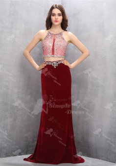 Two Piece Jewel Criss-Cross Straps Wine Red Velvet Prom Dress with Beading