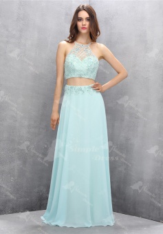 Exquisite Two Piece Jewel Backless Mint Floor-Length Prom Dress with Beading