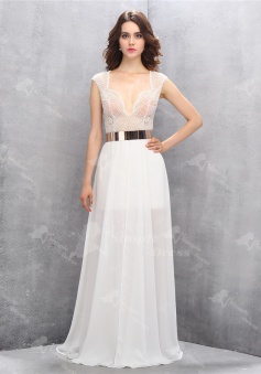 Sexy V-neck Floor-Length White Chiffon Homecoming Dress with Beading Leg Slit