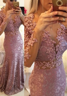 High Quality Jewel Long Sleeves Prom Dress with Beading Sweep Train