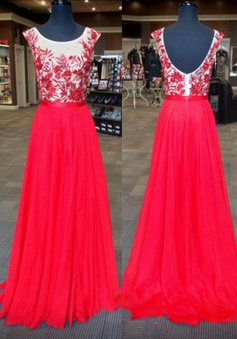 Mild Scoop Neck Sleeveless Floor-Length Backless Red Prom Dress with Appliques