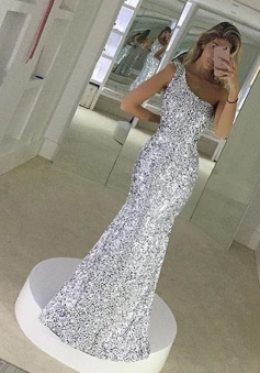 Mermaid One-Shoulder Floor-Length Silver Sequined Prom Dress