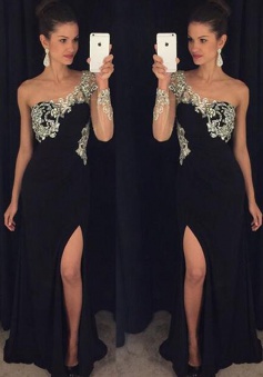 A-Line One-Shoulder Long Sleeves Black Prom Dress with Beading