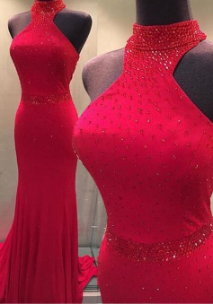 Mermaid Halter Sleeveless Sweep Train Red Prom Dress with Beading 