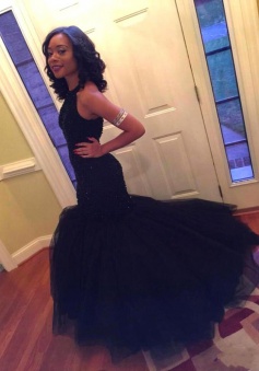 Mermaid Round Neck Open Back Sleeveless  Black Prom Dress with Beading 