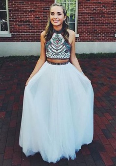 Two Piece Halter Floor-Length Prom Dress with Embroidery