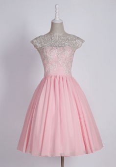 Simple Scalloped-Edge Cap Sleeves Short Pink Prom Dress with Lace Top