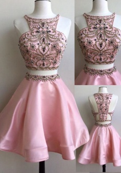 Special Two Piece Bateau Neck Sleeveless Short Pearl Pink Prom Dress with Beading