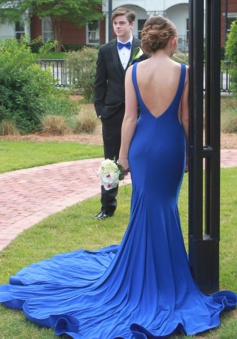 Mermaid Bateau Sleeveless Sweep Backless Train Royal Blue / Red Prom Dress