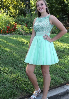 Trendy Bateau Sleeveless Short Backless Mint Prom Dress with Beading Sash