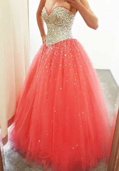 Fabulous Sweetheart Floor-Length Coral Prom Dress with Beading