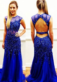 Special Jewel Sheath Backless Royal Blue Prom Dress with Beading