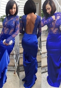 Sexy Jewel Long Sleeves Backless Royal Blue Mermaid Prom Dress with Illusion Lace Top