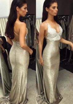 Hot V-neck Criss-Cross Straps Sweep Train Sheath Silver Prom Dress with Lace