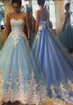 Fabulous Sweetheart Sweep Train Blue Prom Dress with White Lace