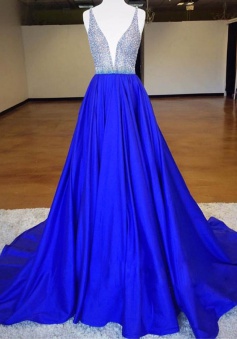 Stylish Deep V-neck Sleeveless Sweep Train Royal Blue Prom Dress with Beading