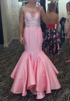 Glamorous Bateau Sleeveless Floor-Length Mermaid Pink Prom Dress Beaded with Ruffles