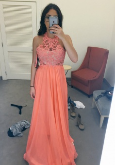 New Arrival Jewel Sleeveless Floor-Length Peach Prom Dress with Beading Lace