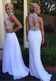 Mermaid High Neck  Sweep Train Open Back White Prom Dress with Beading 