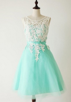 Crispy Bateau Sleeveless Short Mint Prom Dress with Sash White Appliques