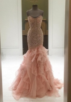  Mermaid Sweetheart  Sweep Train Tiered Blush Prom Dress with Lace