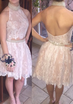 Hot Sale Two Piece Halter Short Blush Lace Prom Dress with Beading