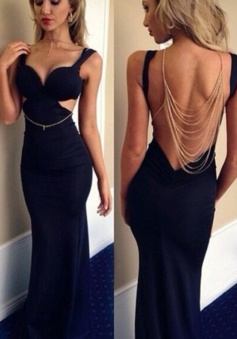 Mermaid V-Neck  Floor-Length Backless Navy Blue Prom Dress 