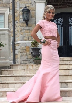 Two Piece Jewel Sweep Train Open Back Pearl Pink Prom Dress with Beading